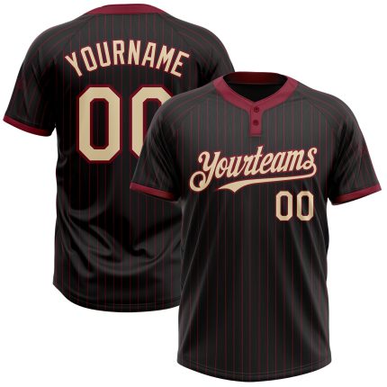 Custom Name and Number Softball Jersey - Personalized Unisex Black Crimson Pinstripe Two-Button Cream Design Personalized