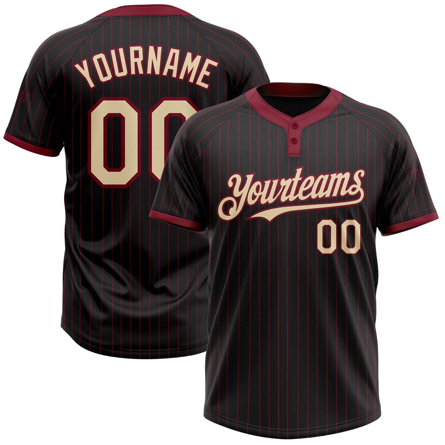 Custom Name and Number Softball Jersey - Personalized Unisex Black Crimson Pinstripe Two-Button Cream Design Personalized