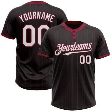 Personalized Unisex Softball Jersey - Black Crimson Pinstripe Two-Button Design Personalized Black Crimson Pinstripe White