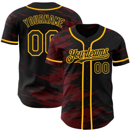 Personalized Black and Crimson Splash Ink Gold Baseball Jersey for Stylish Fans Personalized Black Crimson Splash Ink Gold