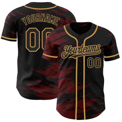 Custom Name and Number Black Crimson Splash Ink Authentic Baseball Jersey - Personalized Old Gold Team Jersey Personalized