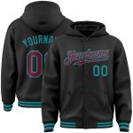 Custom Team Bomber Hoodie Jacket with Personalized Name & Number - Black Crimson-Teal Full-Snap Varsity Letterman Personalized