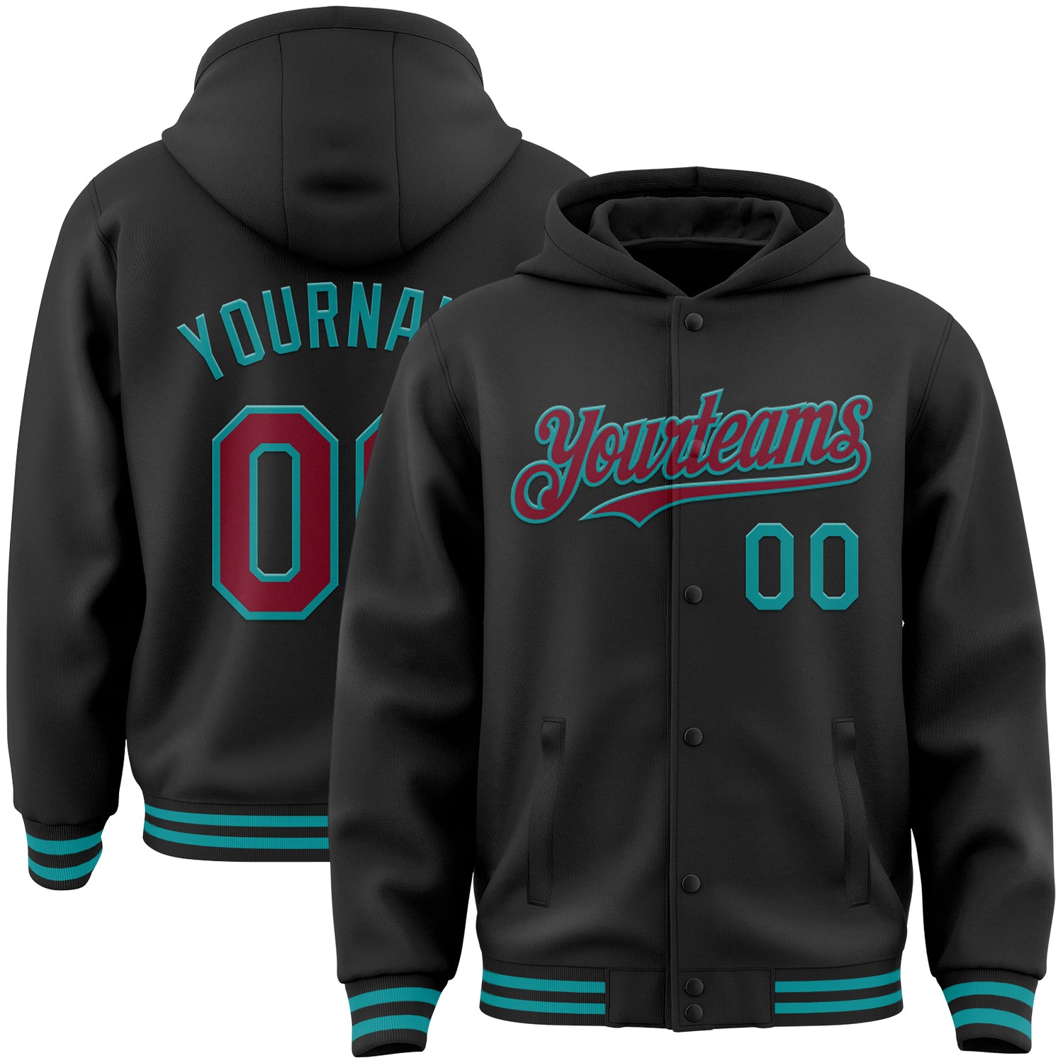 Custom Team Bomber Hoodie Jacket with Personalized Name & Number - Black Crimson-Teal Full-Snap Varsity Letterman Personalized