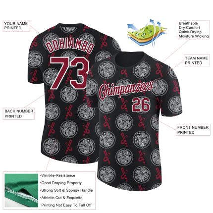 Custom Name & Number Performance T-Shirt for Team, Personalized Black Crimson-White 3D Pattern Design, Food Shrimp Soup Theme