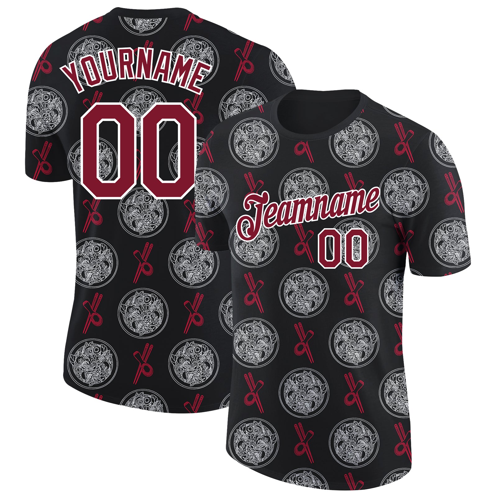 Custom Name & Number Performance T-Shirt for Team, Personalized Black Crimson-White 3D Pattern Design, Food Shrimp Soup Theme
