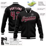 Personalized Varsity Letterman Jacket Black Crimson-White Full-Snap Bomber Personalized Black Crimson-White Bomber Full-Snap