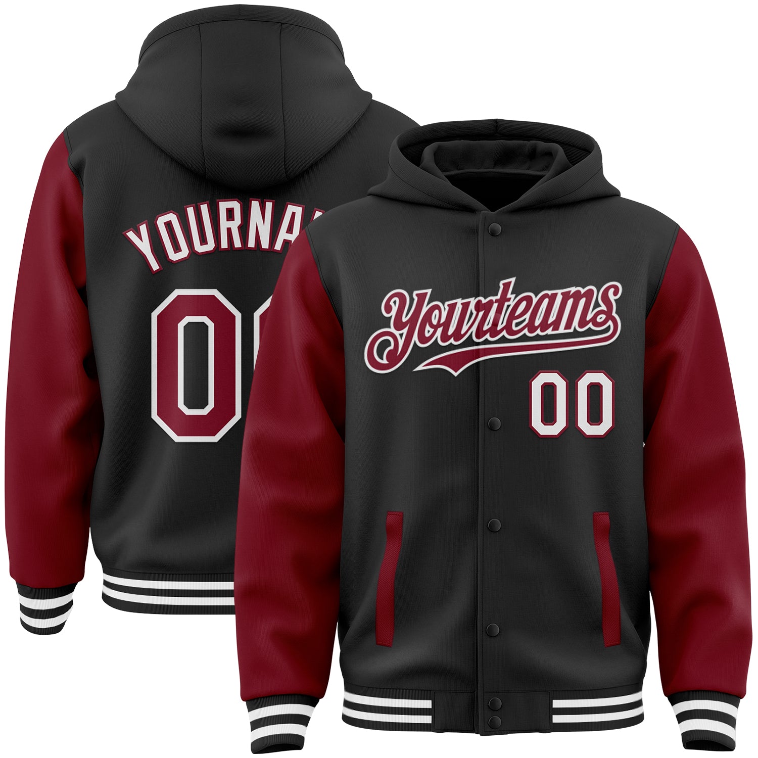 Custom Two-Tone Bomber Hoodie Jacket with Personalized Name and Number - Black Crimson-White Varsity Letterman Personalized