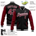 Personalized Varsity Letterman Bomber Jacket Black Crimson White Full-Snap Two Tone Personalized Black Crimson-White Bomber