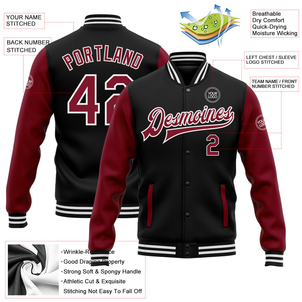 Personalized Varsity Letterman Bomber Jacket Black Crimson White Full-Snap Two Tone Personalized Black Crimson-White Bomber - Image 5