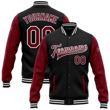 Personalized Varsity Letterman Bomber Jacket Black Crimson White Full-Snap Two Tone Personalized Black Crimson-White Bomber
