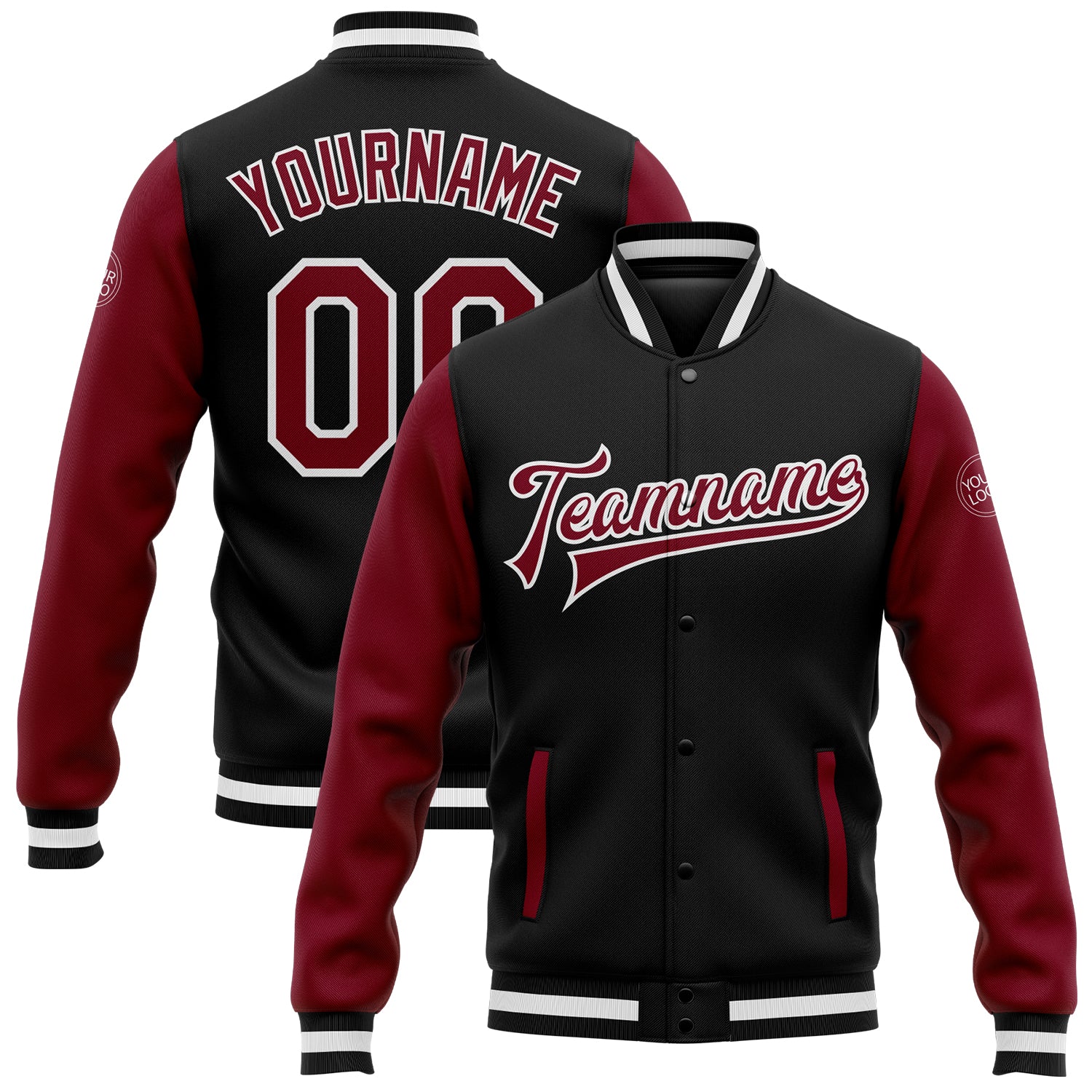 Personalized Two Tone Black Crimson White Varsity Letterman Bomber Jacket - Full Snap Personalized Black Crimson-White Bomber