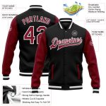 Personalized Two Tone Black Crimson White Varsity Letterman Bomber Jacket - Full Snap Personalized Black Crimson-White Bomber