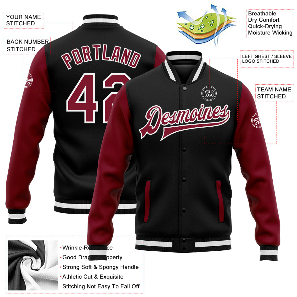 Personalized Two Tone Black Crimson White Varsity Letterman Bomber Jacket - Full Snap Personalized Black Crimson-White Bomber - Image 5