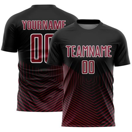Personalized Geometric Lines Soccer Jersey - Black Crimson-White Sublimation Uniform 2 Personalized Black Crimson-White Geometric