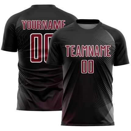 Custom Black Crimson White Geometric Lines Soccer Jersey Sublimation Uniform Personalized Black Crimson-White Geometric Lines