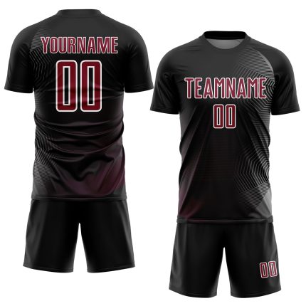 Custom Black Crimson White Geometric Lines Soccer Jersey Sublimation Uniform Personalized Black Crimson-White Geometric Lines