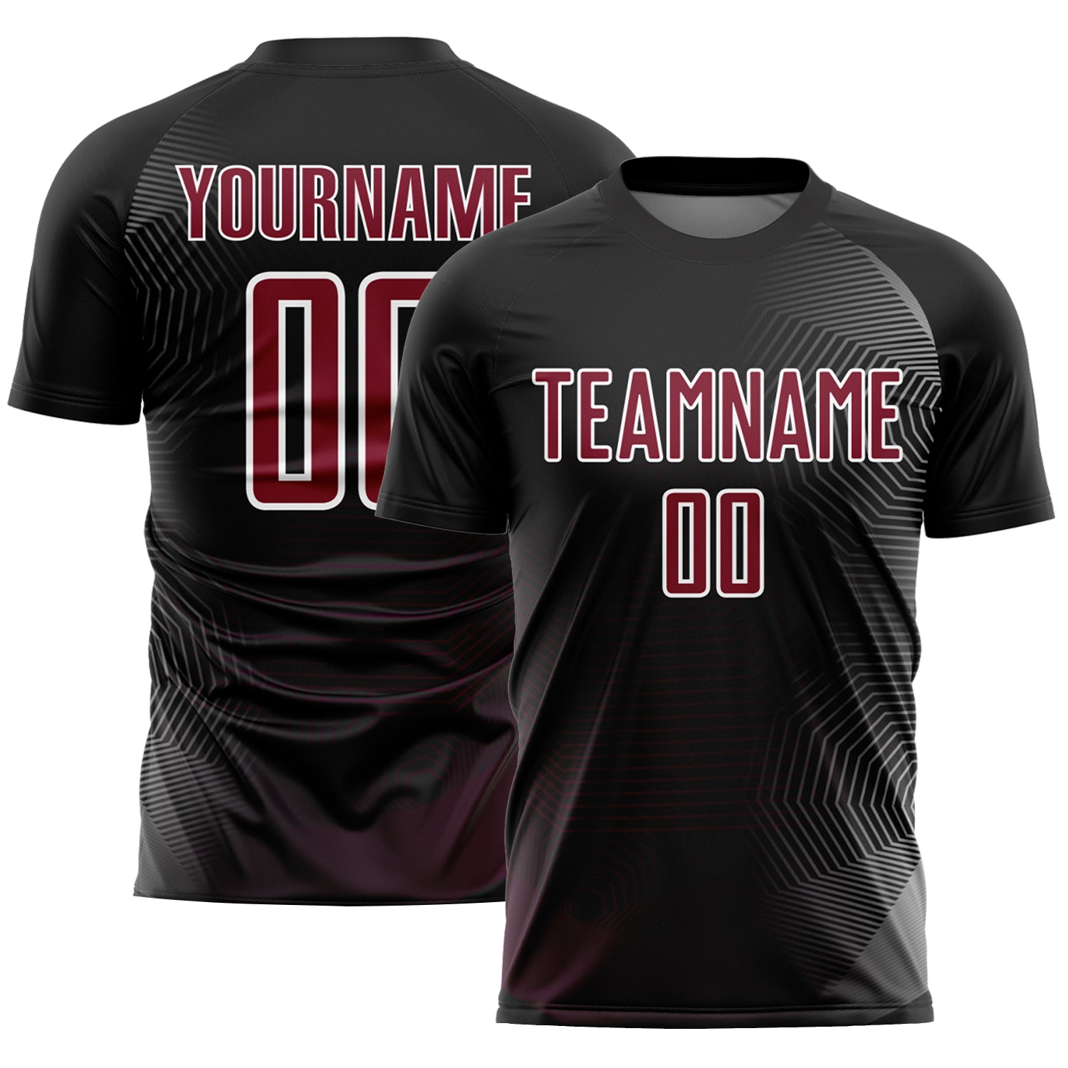 Custom Geometric Lines Soccer Uniform Jersey - Personalized Black Crimson-White Team Name & Number Personalized Black Crimson-White