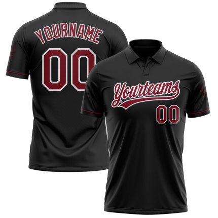 Custom Name and Number Personalized Black Crimson-White Performance Golf Polo Shirt Personalized Black Crimson-White Performance
