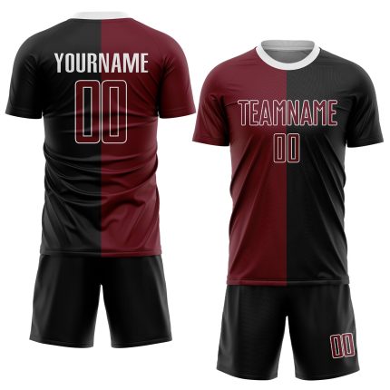 Personalized Sublimation Soccer Uniform Jersey - Black Crimson-White Split Design Personalized Black Crimson-White Sublimation