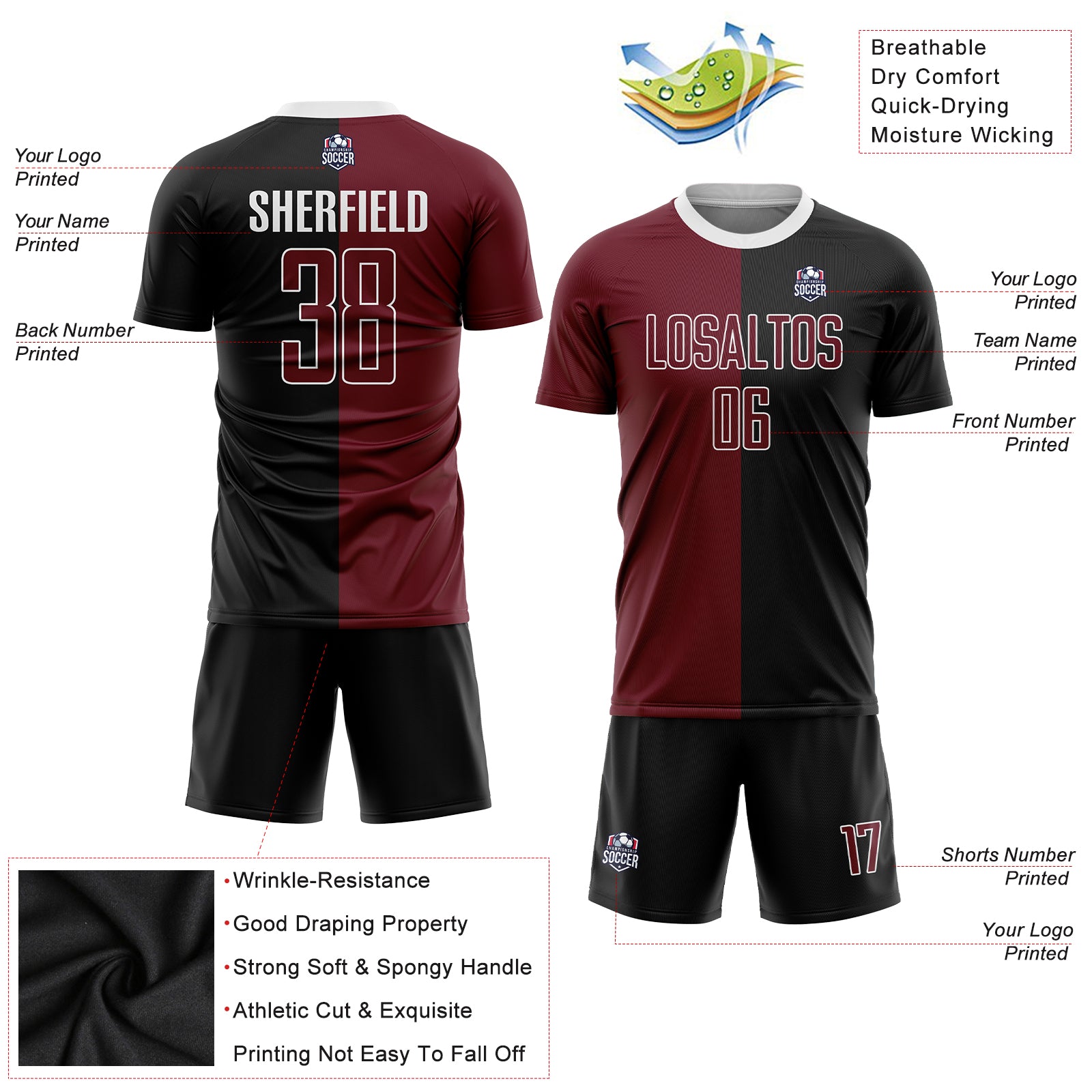 Personalized Sublimation Soccer Uniform Jersey - Black Crimson-White Split Design Personalized Black Crimson-White Sublimation - Image 3
