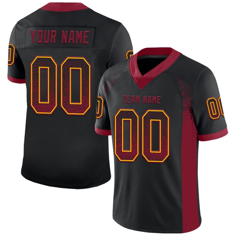 Personalized Crimson Yellow Black Mesh Drift Football Jersey - Custom Sportswear Personalized Black Crimson-Yellow Mesh Drift