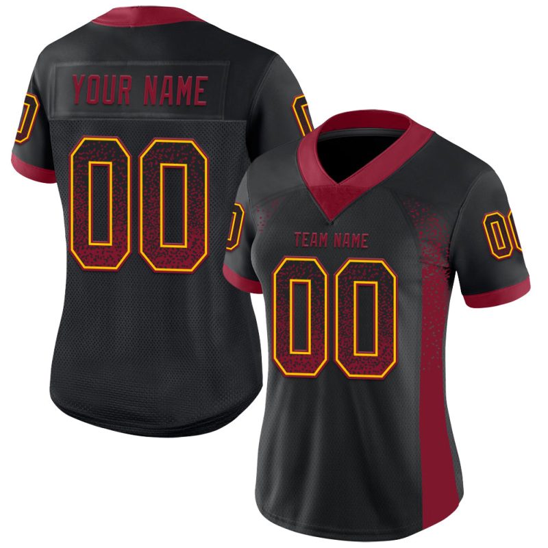 Personalized Crimson Yellow Black Mesh Drift Football Jersey - Custom Sportswear Personalized Black Crimson-Yellow Mesh Drift