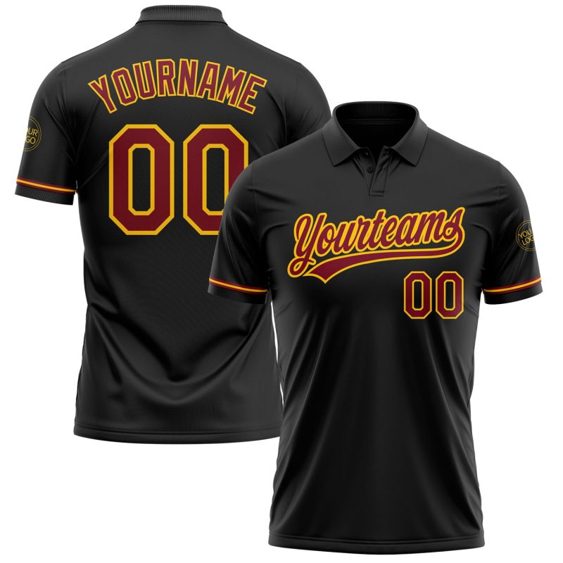 Custom Black Crimson-Yellow Golf Polo Shirt with Personalized Name and Number, Performance Vapor Fabric Personalized Black