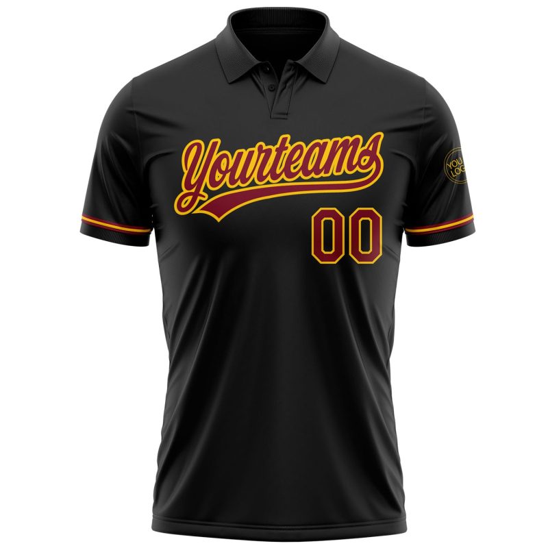 Custom Black Crimson-Yellow Golf Polo Shirt with Personalized Name and Number, Performance Vapor Fabric Personalized Black