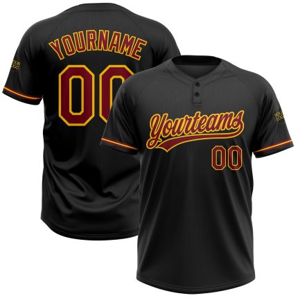 Custom Name and Number Personalized Two-Button Unisex Softball Jersey - Black Crimson-Yellow Personalized Black Crimson-Yellow
