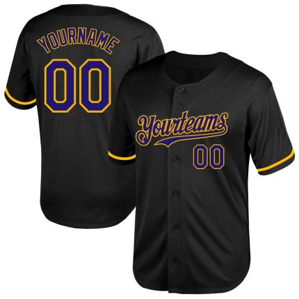 Personalized Black Dark Purple Gold Baseball Jersey - Throwback Mesh Style Personalized Black Dark Purple-Gold Mesh Throwback
