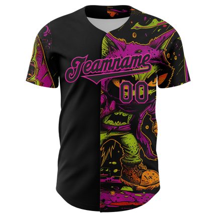 Custom Black and Deep Pink 3D Pattern Baseball Jersey with Rave Monster Design, Personalized Team Name and Number Personalized