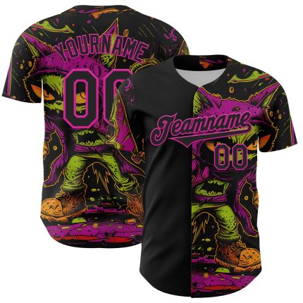 Custom Black and Deep Pink 3D Pattern Baseball Jersey with Rave Monster Design, Personalized Team Name and Number Personalized