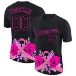 Personalized 3D Pink Ribbon Breast Cancer Performance T-Shirt - Black Deep Pink Personalized Black Deep Pink 3D Pink Ribbon