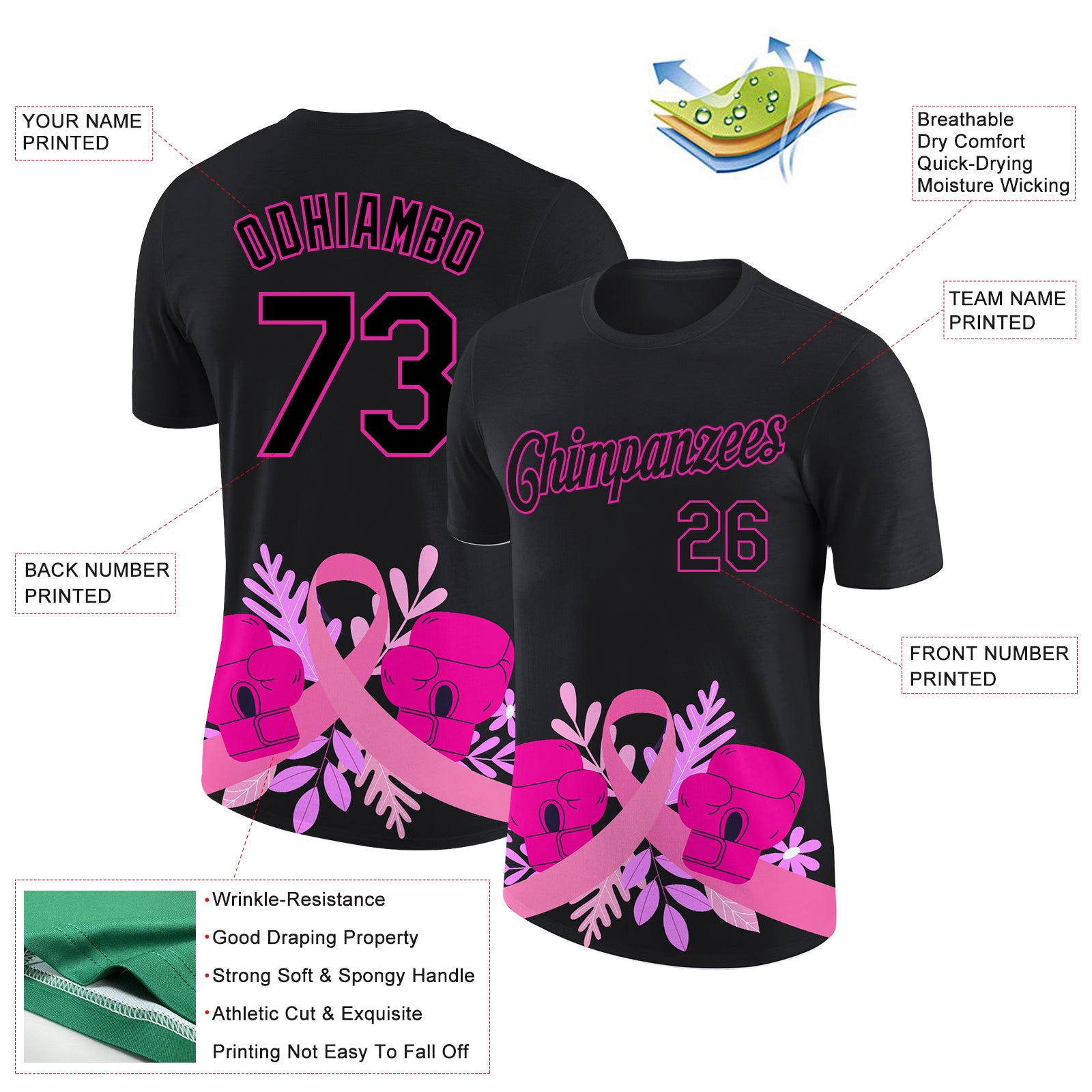 Personalized Black Deep Pink 3D Pink Ribbon Breast Cancer Performance T-Shirt Team Custom Name and Number Personalized 3D Pink Ribbon Breast Cancer T-Shirt with Custom Name & Number - Black Deep Pink Performance Tee Personalized - Image 2