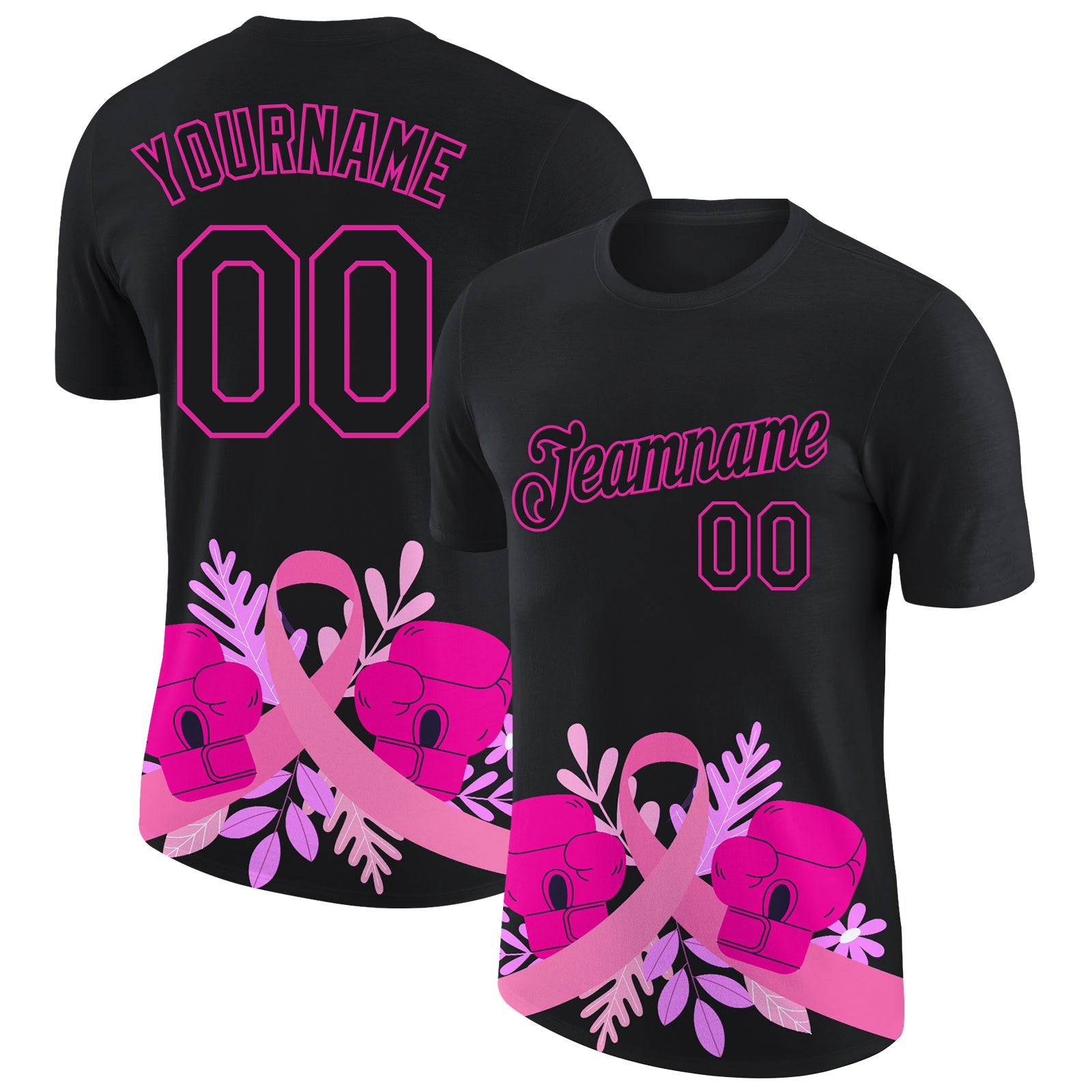 Personalized 3D Pink Ribbon Breast Cancer T-Shirt with Custom Name & Number - Black Deep Pink Performance Tee Personalized