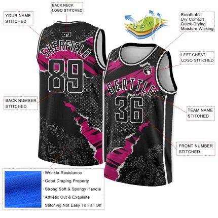 Custom Name and Number Authentic Basketball Jersey in Personalized Black Deep Pink-White 3D Torn Paper Design Personalized