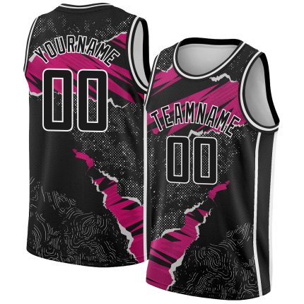Personalized Basketball Jersey in Black Deep Pink and White 3D Torn Paper Style Personalized Black Deep Pink-White 3D Torn