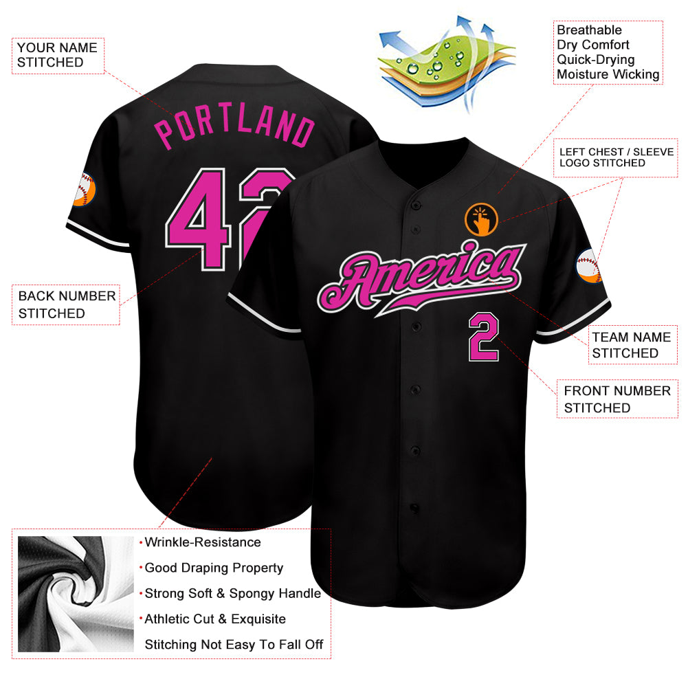 Personalized Black Deep Pink-White Authentic Baseball Jersey Team Custom Name and Number Personalized Team Jersey with Custom Name and Number, Black Deep Pink-White Authentic Baseball Jersey Personalized Black - Image 3