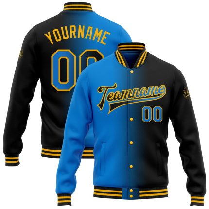Custom Team Name Number Bomber Jacket Black Electric Blue Gold Gradient Full-Snap Varsity Fashion Jacket Personalized Black