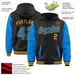 Custom Name Number Hoodie Jacket - Personalized Two Tone Black Electric Blue-Gold Bomber Full-Snap Varsity Letterman Personalized