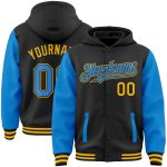 Custom Name Number Hoodie Jacket - Personalized Two Tone Black Electric Blue-Gold Bomber Full-Snap Varsity Letterman Personalized