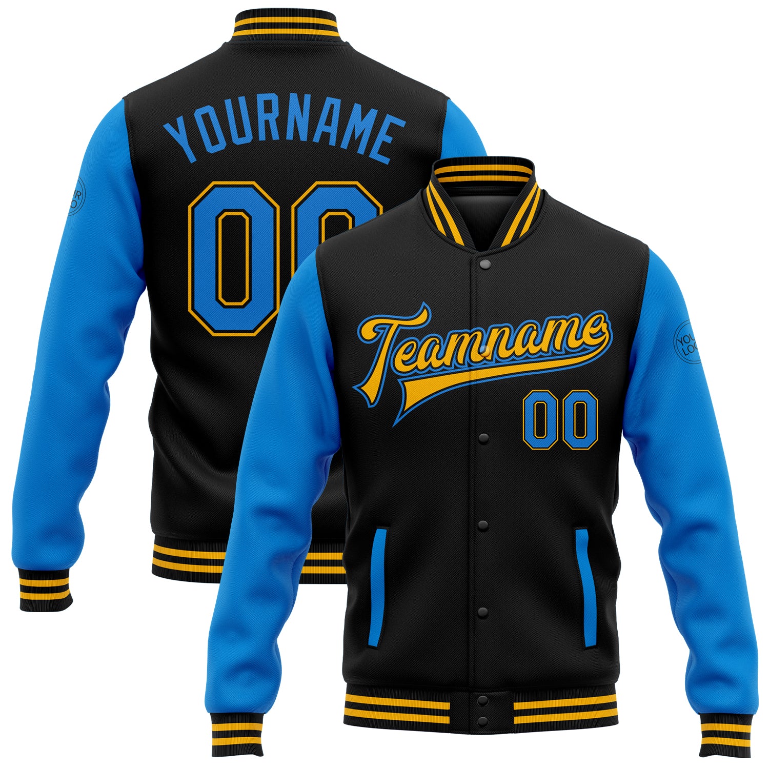 Personalized Black Electric Blue-Gold Two Tone Varsity Bomber Jacket Full-Snap Letterman Personalized Black Electric Blue-Gold