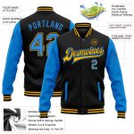Personalized Black Electric Blue-Gold Two Tone Varsity Bomber Jacket Full-Snap Letterman Personalized Black Electric Blue-Gold