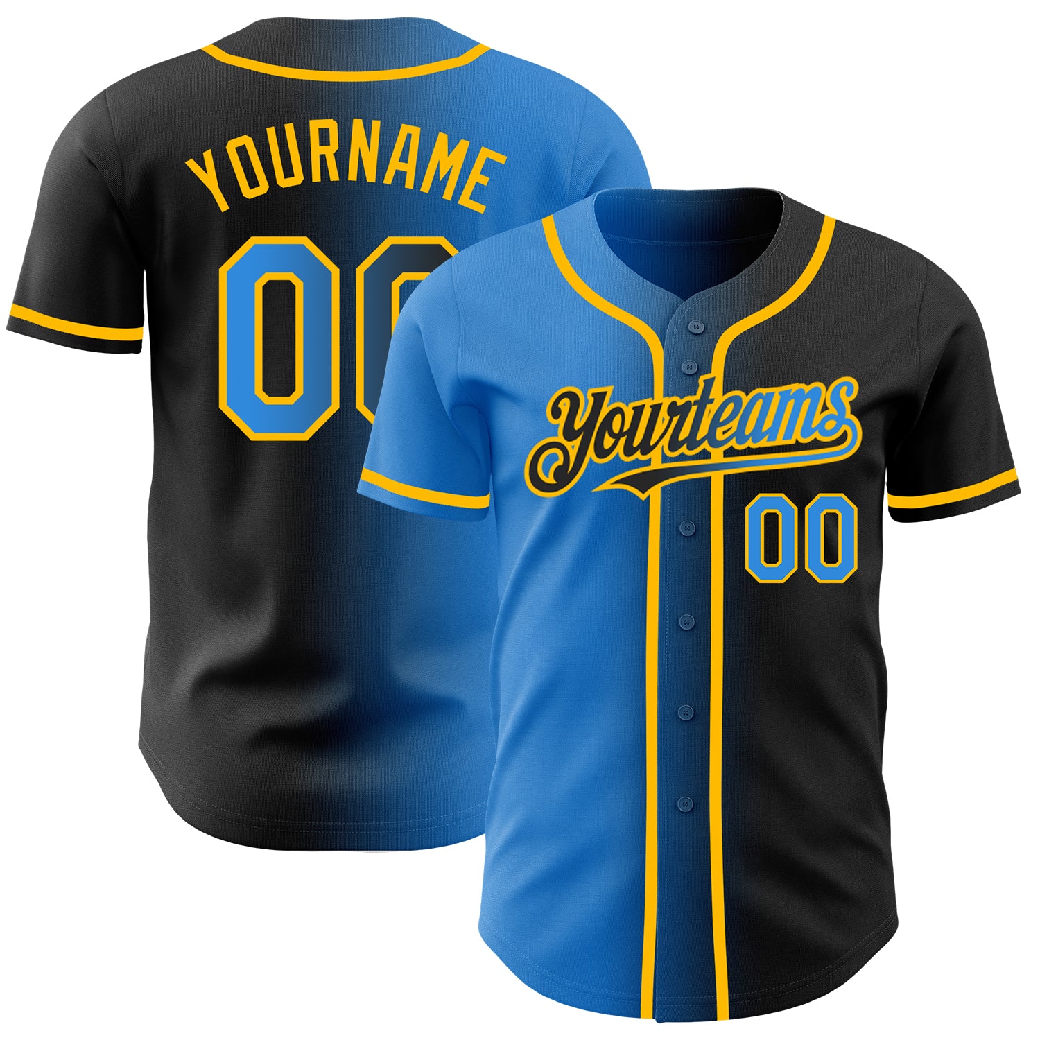 Personalized Black Electric Blue Gold Gradient Baseball Jersey Fashion Apparel Personalized Black Electric Blue-Gold Gradient