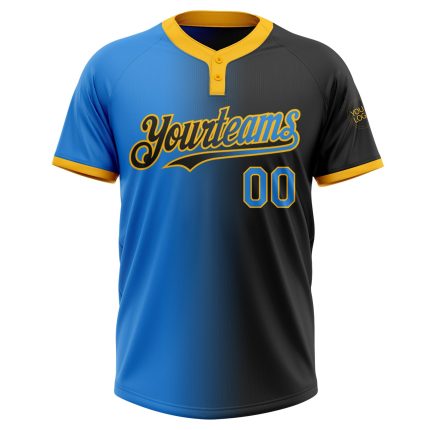 Personalized Black Electric Blue Gold Gradient Jersey for Softball - Unisex Two-Button Fashion Design Personalized Black