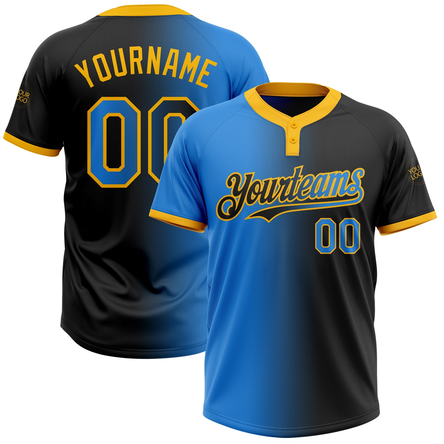 Custom Name Number Unisex Softball Jersey Black Electric Blue-Gold Gradient Fashion Two-Button Personalized Black Electric