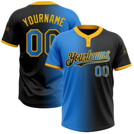 Personalized Black Electric Blue Gold Gradient Jersey for Softball - Unisex Two-Button Fashion Design Personalized Black
