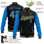 Personalized Two Tone Varsity Letterman Jacket Black Electric Blue Old Gold Full-Snap Bomber Personalized Black Electric