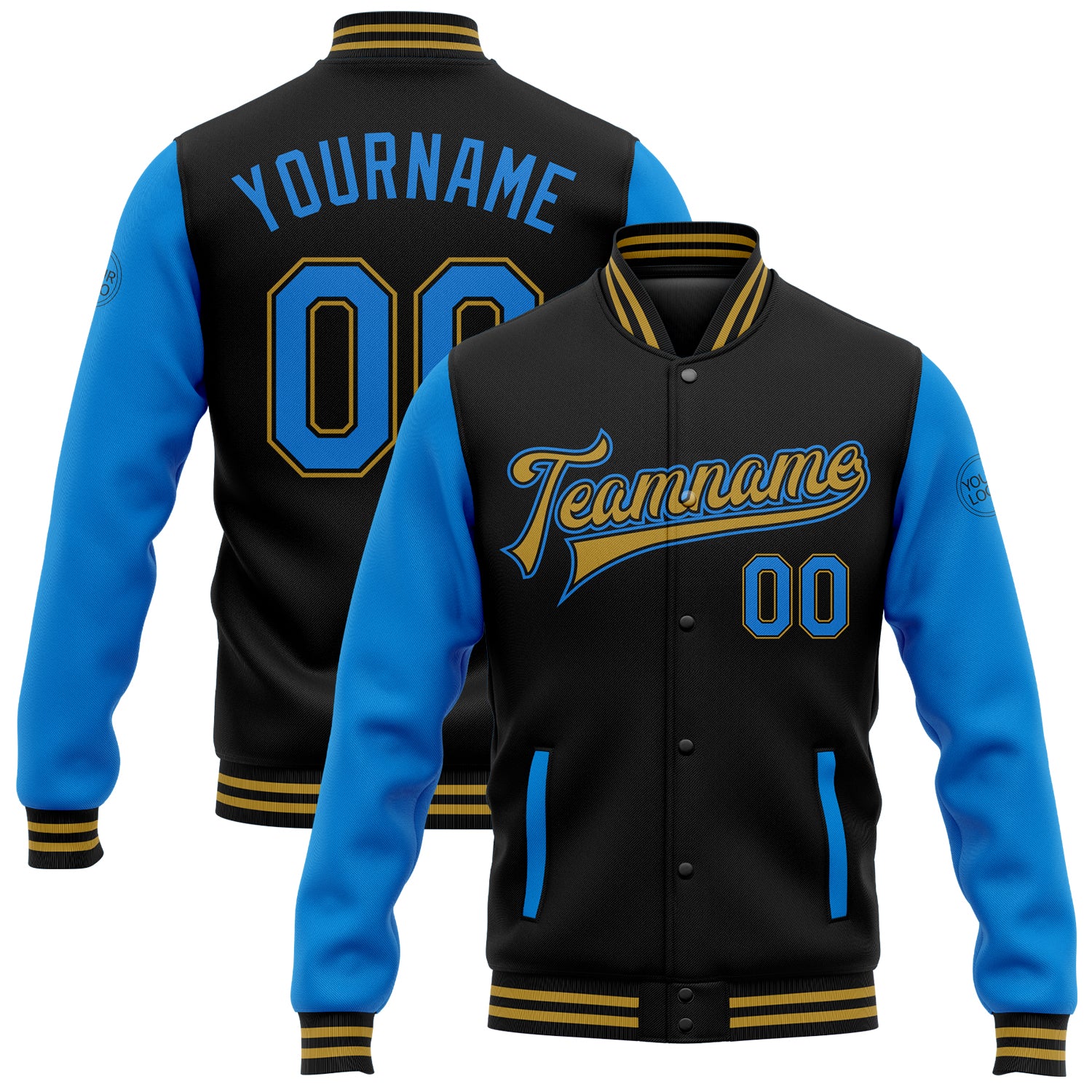 Custom Name & Number Black Electric Blue Gold Varsity Bomber Full-Snap Two Tone Jacket for Teams Personalized Black Electric