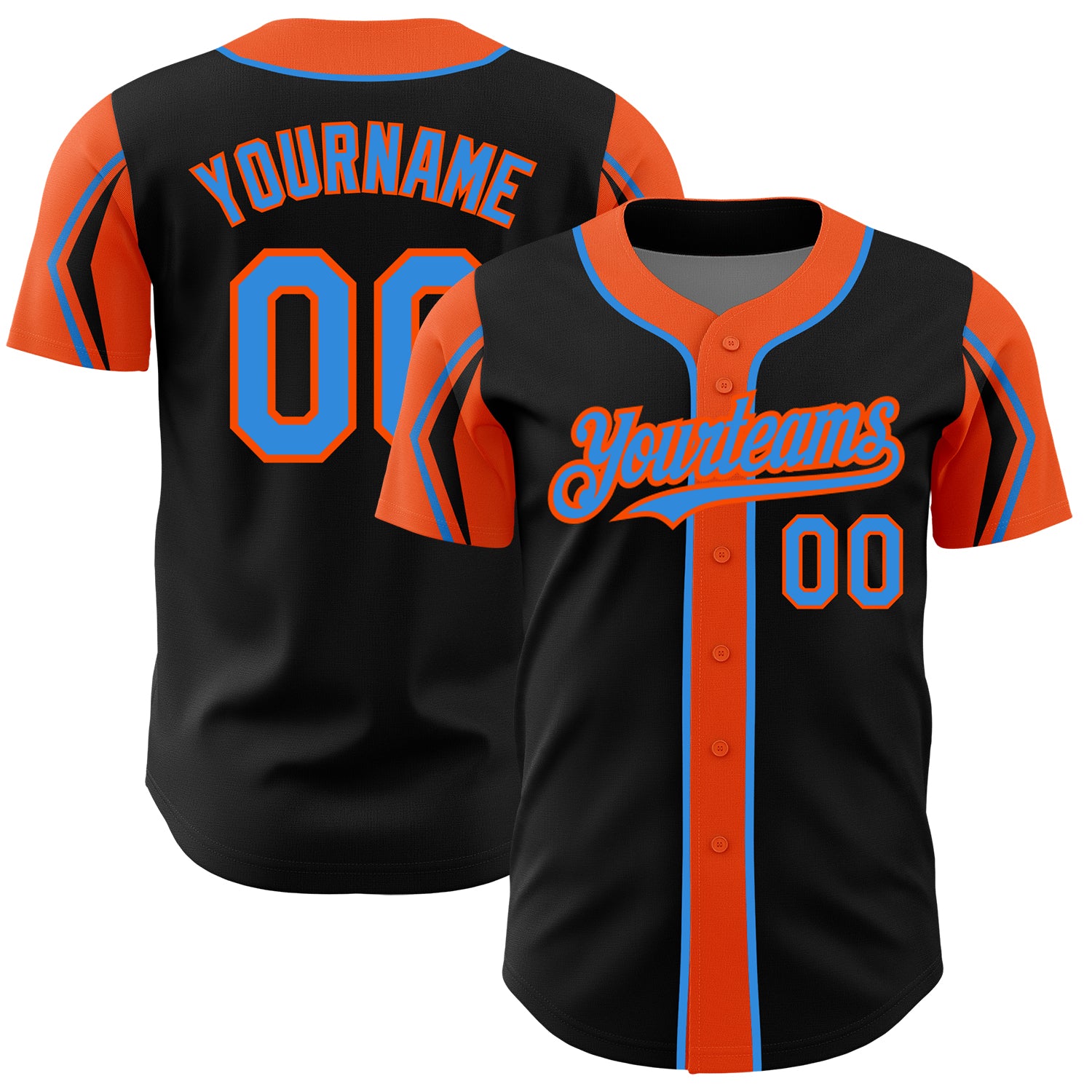 Personalized Black Electric Blue Orange Baseball Jersey - Custom Three Color Arm Shapes Personalized Black Electric Blue-Orange